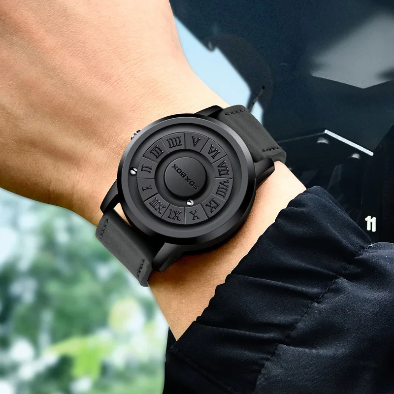 FOXBOX Mens Watches Creative Scrolling Pointer Magnetic Force Quartz Wristwatch Genuine Leather Watch Man Relogio Masculino+BoxP
