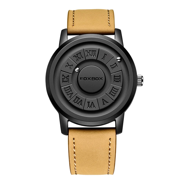 FOXBOX Mens Watches Creative Scrolling Pointer Magnetic Force Quartz Wristwatch Genuine Leather Watch Man Relogio Masculino+BoxP