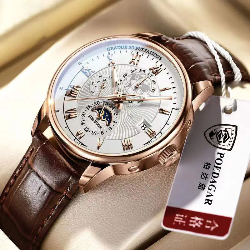 Fashion Brand Men's Business Watch Genuine Leather Quartz Movement  Luminous Clock Luxury Sports Decoration Automatic Wristwatch