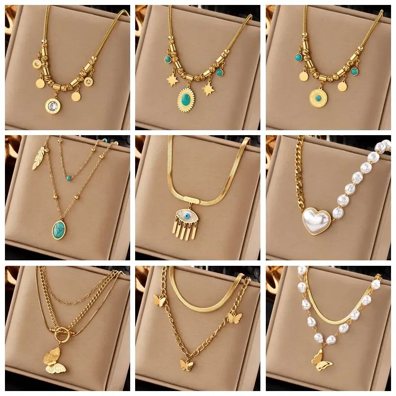 DIEYURO 316L Stainless Steel Pearl Heart Butterfly Green Stone Pendant Necklace For Women Vintage Girls Chain Jewelry GiftsProdu