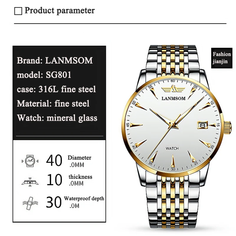 2024 New Men's Watches Stainless Steel Casual Sport Chronograph Band Wristwatch Big Dial Quartz Clock with Luminous Pointers+box