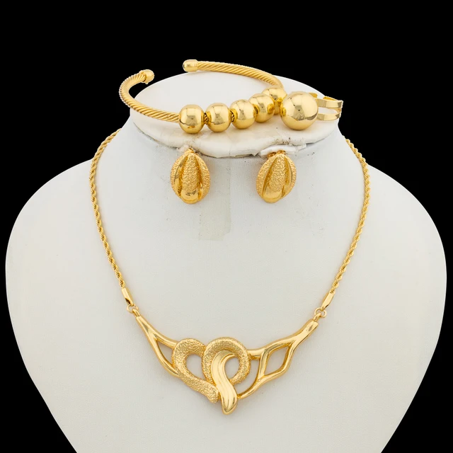 2024 Brazilian Gold Plated Jewelry Set for Women Necklace and Earrings with Bracelet Ring 4Pcs Set for Anniversary Party Gifts