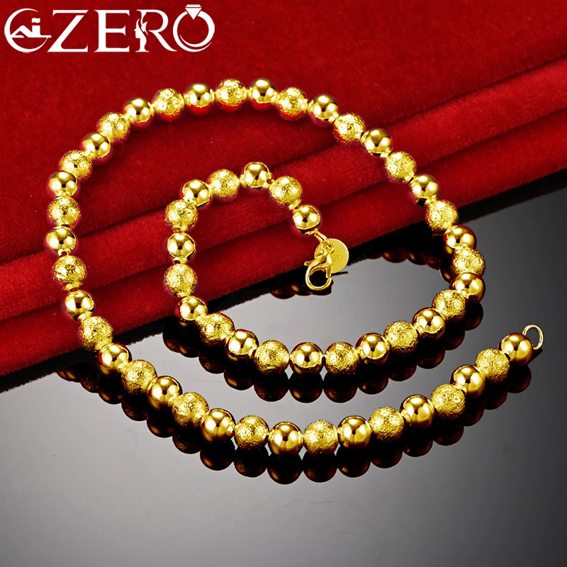 ALIZERO 24K Gold Necklaces 925 Sterling Silver Smooth Frosted 8mm Beads Chain Necklace For Women Fashion Wedding Party Jewelry