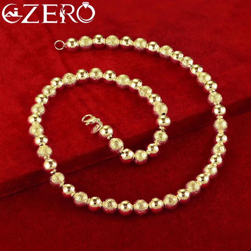 ALIZERO 24K Gold Necklaces 925 Sterling Silver Smooth Frosted 8mm Beads Chain Necklace For Women Fashion Wedding Party Jewelry