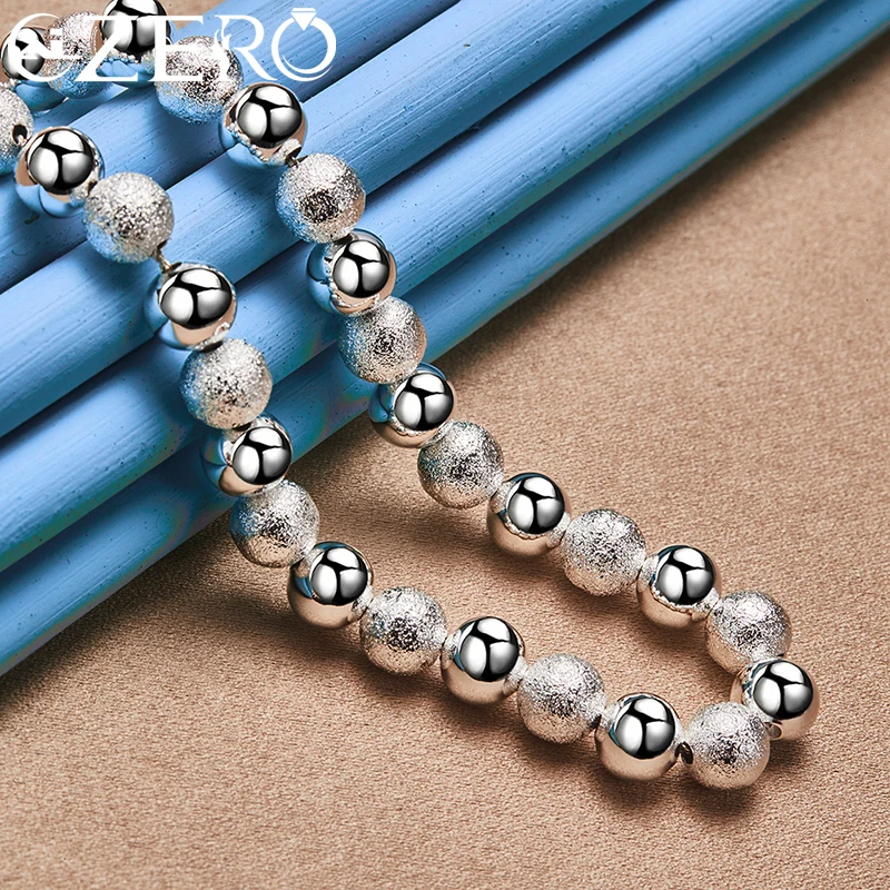 ALIZERO 24K Gold Necklaces 925 Sterling Silver Smooth Frosted 8mm Beads Chain Necklace For Women Fashion Wedding Party Jewelry