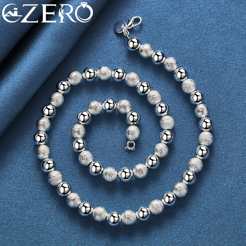 ALIZERO 24K Gold Necklaces 925 Sterling Silver Smooth Frosted 8mm Beads Chain Necklace For Women Fashion Wedding Party Jewelry