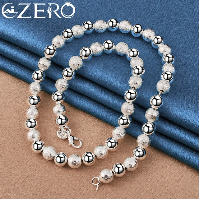 ALIZERO 24K Gold Necklaces 925 Sterling Silver Smooth Frosted 8mm Beads Chain Necklace For Women Fashion Wedding Party Jewelry