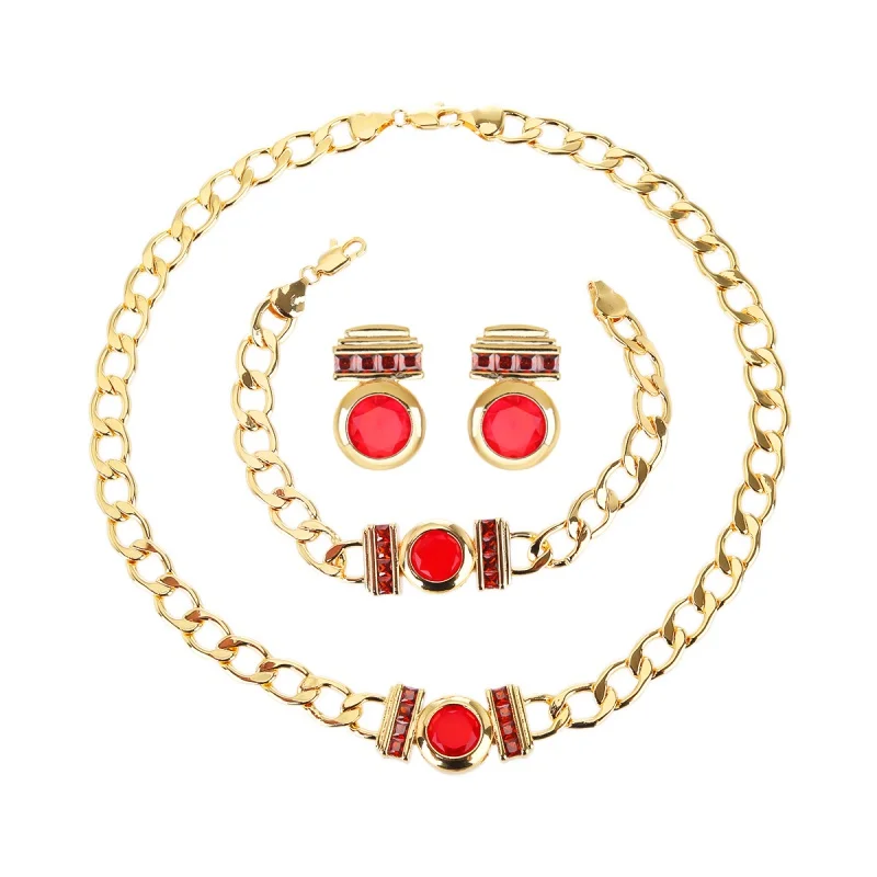 Selead Design 3 pieces/set ladies bride elegant wedding party Cuban chain white red zirconia necklace earrings jewelry setProduc