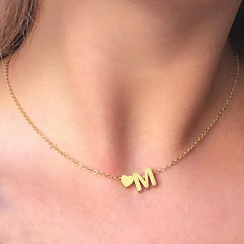 New Fashion Tiny Heart Dainty Initial 26 Letter Necklace Gold Silver Color Stainless Steel Women Girl's Jewelry Birthday Gift