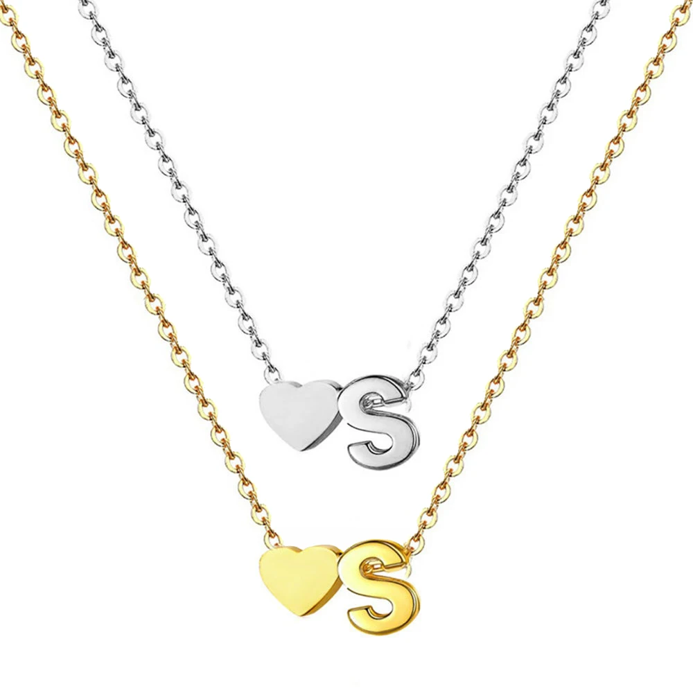 New Fashion Tiny Heart Dainty Initial 26 Letter Necklace Gold Silver Color Stainless Steel Women Girl's Jewelry Birthday Gift