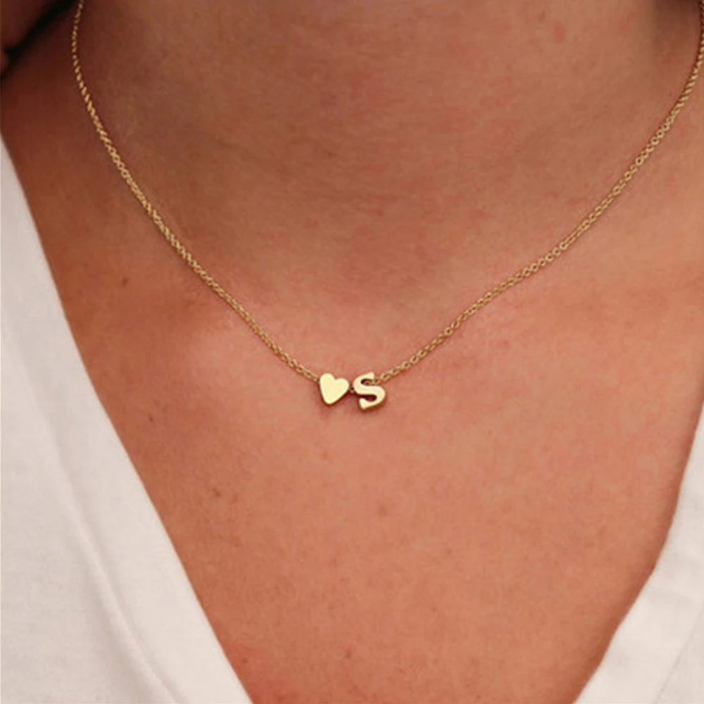 New Fashion Tiny Heart Dainty Initial 26 Letter Necklace Gold Silver Color Stainless Steel Women Girl's Jewelry Birthday Gift