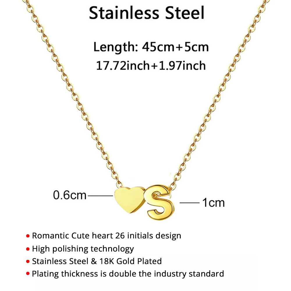 New Fashion Tiny Heart Dainty Initial 26 Letter Necklace Gold Silver Color Stainless Steel Women Girl's Jewelry Birthday Gift