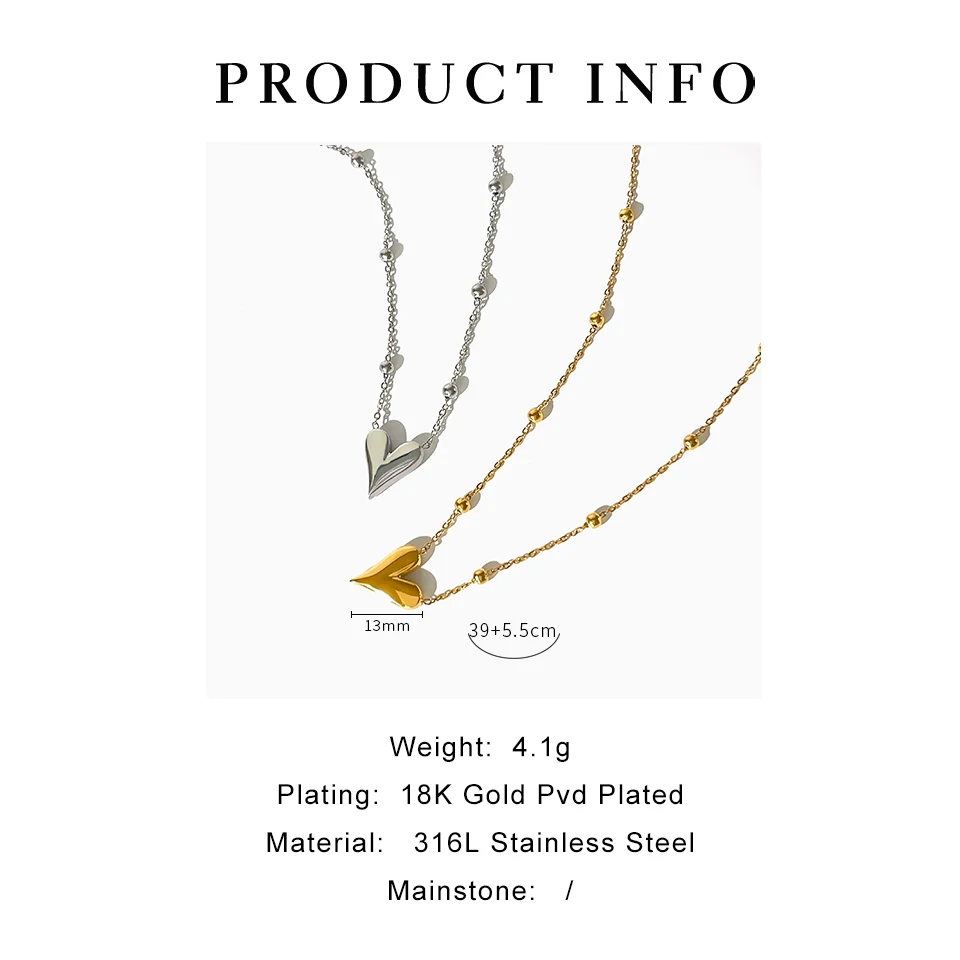 Peri'sbox Dainty 18K Gold Pvd Plated Bead Chain Love Heart Pendant Necklace Women's Waterproof Stainless Steel Jewelry Non Fade