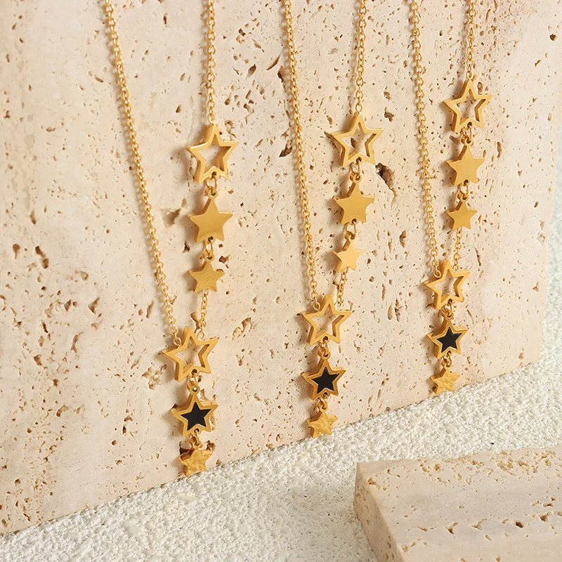 New in Star Pendant Necklace for Women Stainless Steel Gold Plated Chain Black Acrylic Fashion Jewelry Girlfriend Gift Wholesale