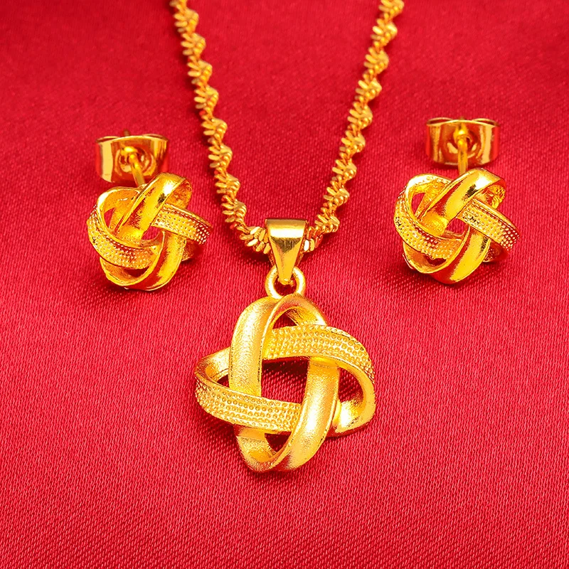 Yellow Gold Plated Jewelry Sets For Women Interweave Geometric Pendant Necklace Earrings 2pcs Jewellery Set Accessories Gifts
