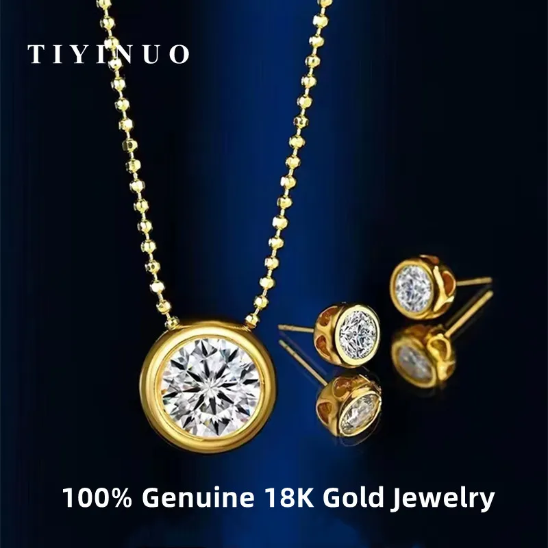 TIYINUO Real 18K Gold AU750 One Carat Diamond Pendant Collarbone Necklace Stud Earrings Fine Jewelry For Woman Betrothal Gift