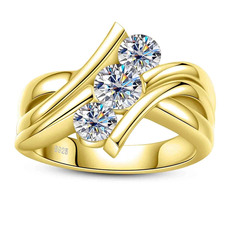 Three Stones 925 Sterling Silver 2 Carat All Moissanite Ring Woman Yellow Color Engagement Jewelry