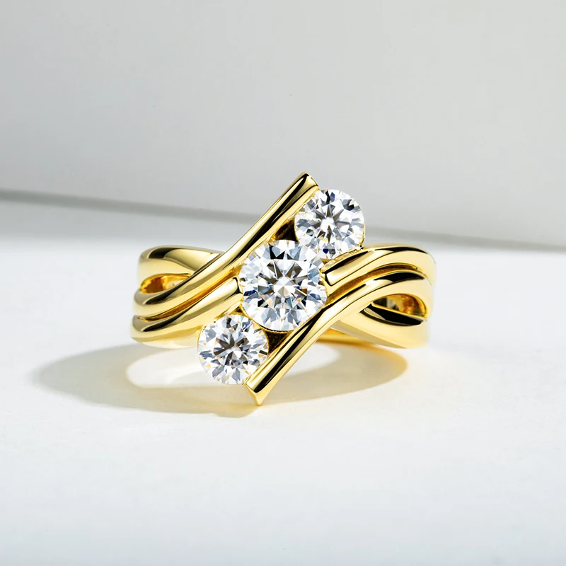 Three Stones 925 Sterling Silver 2 Carat All Moissanite Ring Woman Yellow Color Engagement Jewelry