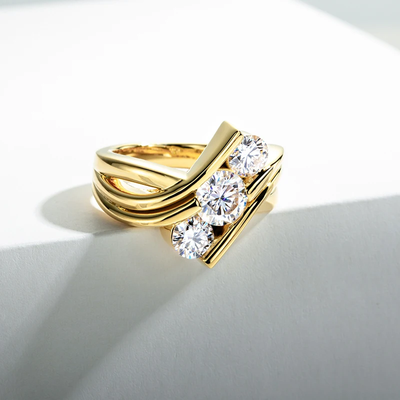 Three Stones 925 Sterling Silver 2 Carat All Moissanite Ring Woman Yellow Color Engagement Jewelry