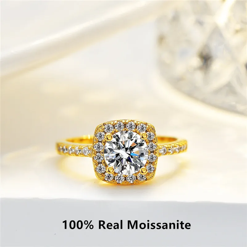 100% Real 1 Carat Moissanite 925 Sterling Silver 18K Gold Ring Pass Diamond Test GRA Jewelry Women's Gold Rings