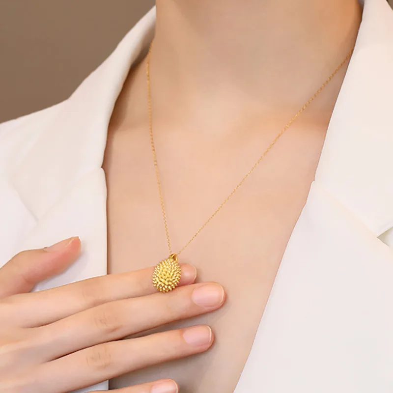 24k Pure Yellow Gold Color Golden Durian Pendant Necklaces for Women Girl  Chocker Chain Wedding Jewelry Gifts Free Shopping