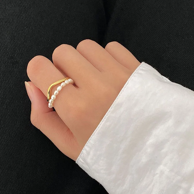 Simple and Versatile Double-Layer Layered Pearl Ring Gathering Jewelry Accessories For Women and Girls