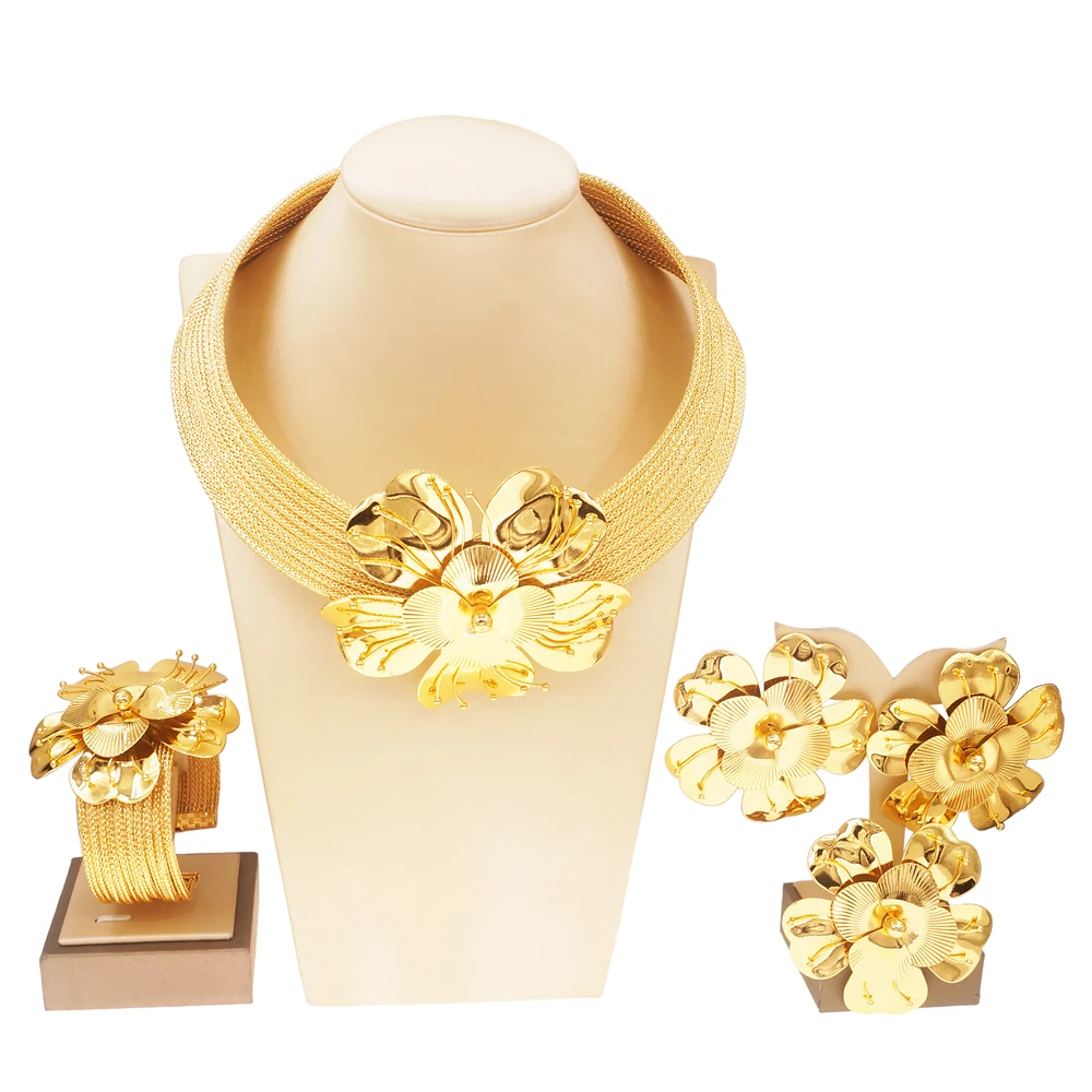 Women Luxury Jewelry Set Gold Plated Big Flower Necklace Bracelet Fashion Big Earrings Full Set Party Wedding Bijoux SYHOL