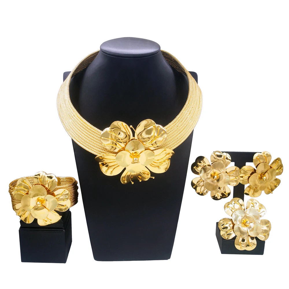 Women Luxury Jewelry Set Gold Plated Big Flower Necklace Bracelet Fashion Big Earrings Full Set Party Wedding Bijoux SYHOL