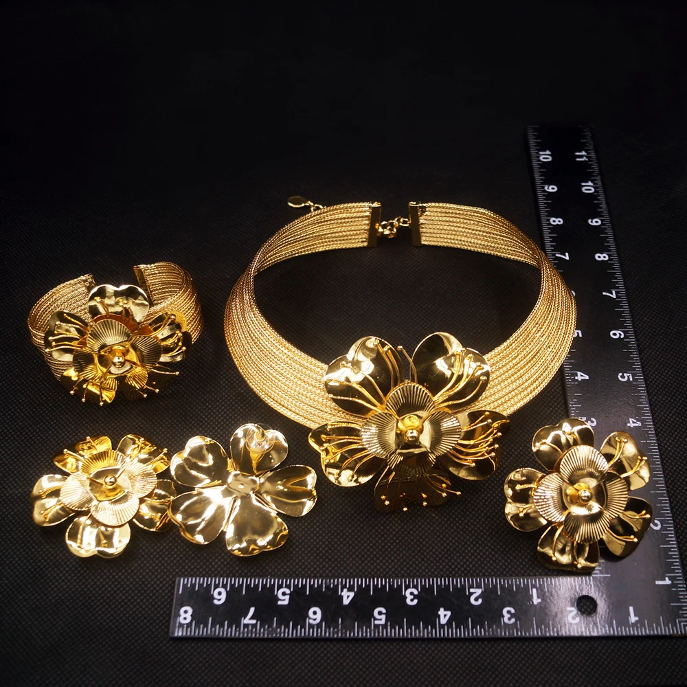 Women Luxury Jewelry Set Gold Plated Big Flower Necklace Bracelet Fashion Big Earrings Full Set Party Wedding Bijoux SYHOL