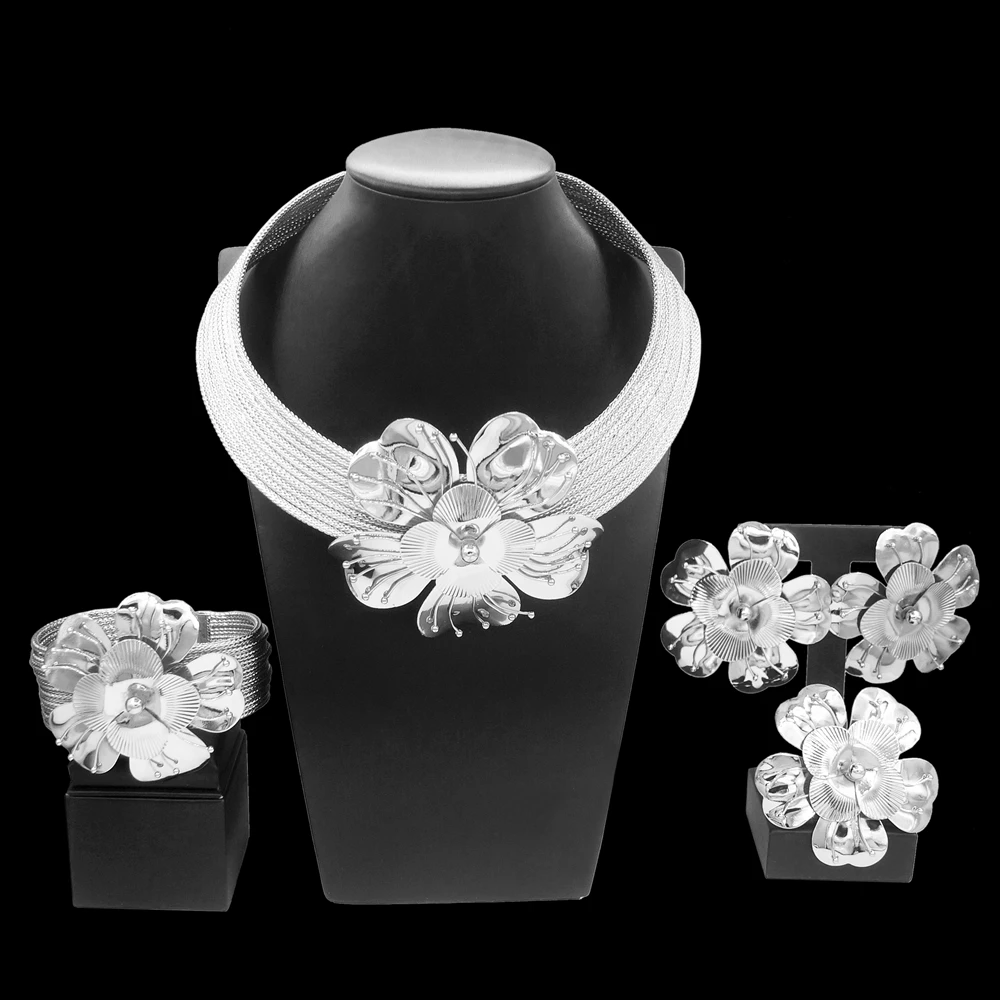 Women Luxury Jewelry Set Gold Plated Big Flower Necklace Bracelet Fashion Big Earrings Full Set Party Wedding Bijoux SYHOL