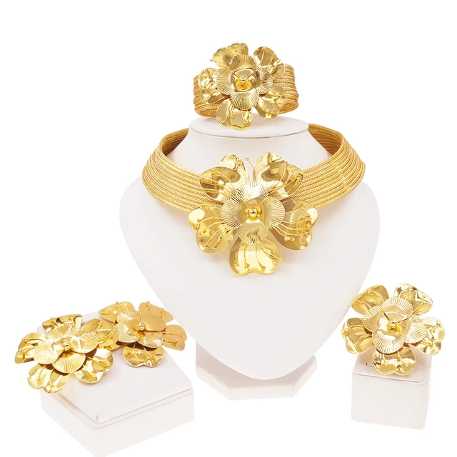 Women Luxury Jewelry Set Gold Plated Big Flower Necklace Bracelet Fashion Big Earrings Full Set Party Wedding Bijoux SYHOL