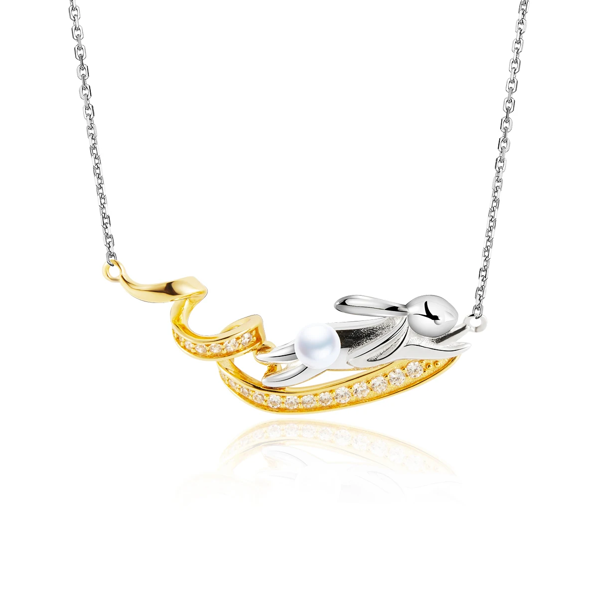 HAIKE S925 Sterling Silver Necklace Original Jade Rabbit Moon Neckchain Unique Two tone Design Collar Length 40cm+5cm for Women