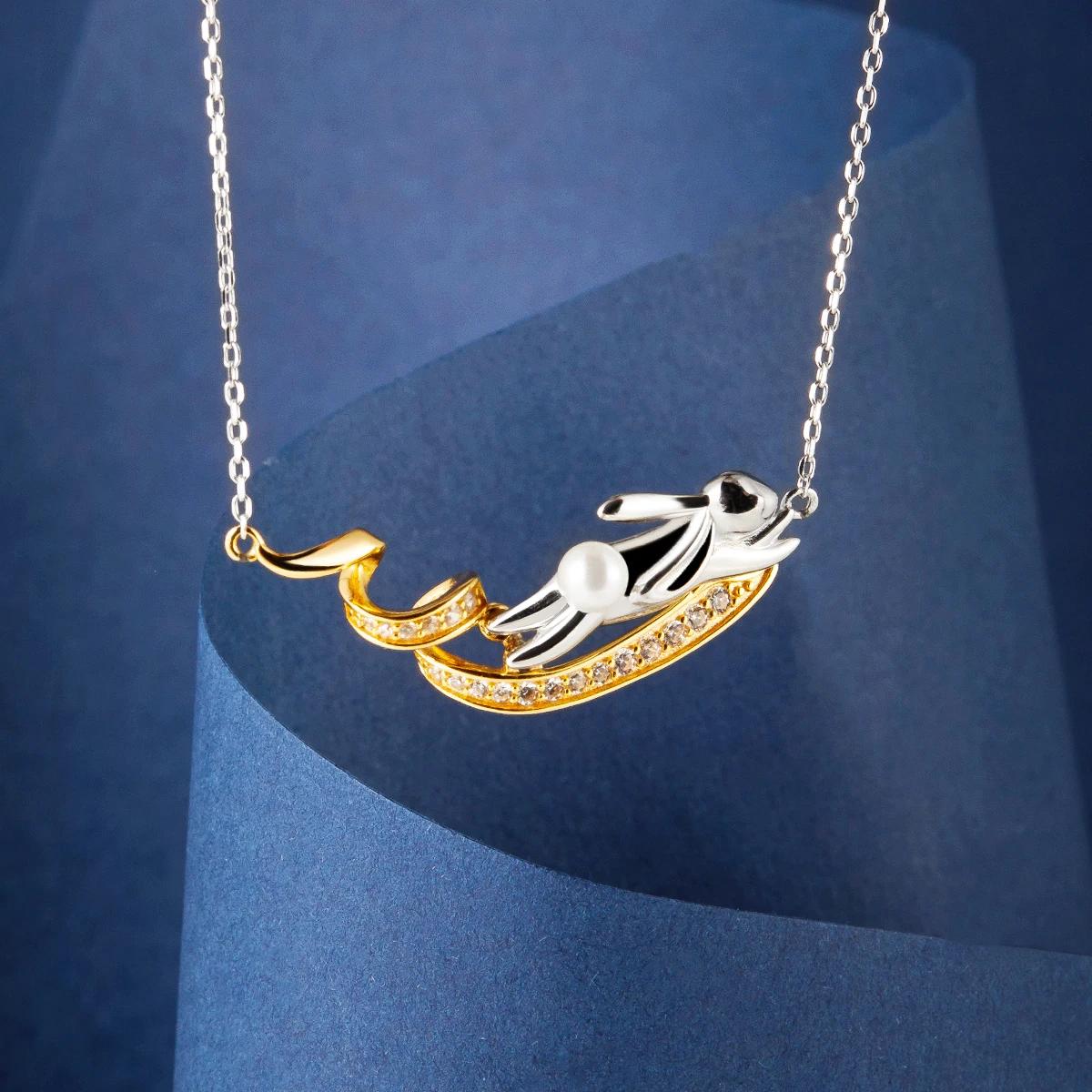HAIKE S925 Sterling Silver Necklace Original Jade Rabbit Moon Neckchain Unique Two tone Design Collar Length 40cm+5cm for Women