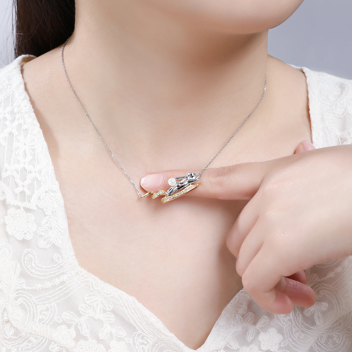 HAIKE S925 Sterling Silver Necklace Original Jade Rabbit Moon Neckchain Unique Two tone Design Collar Length 40cm+5cm for Women