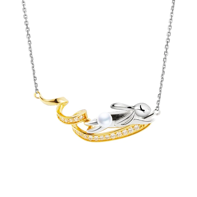 HAIKE S925 Sterling Silver Necklace Original Jade Rabbit Moon Neckchain Unique Two tone Design Collar Length 40cm+5cm for Women