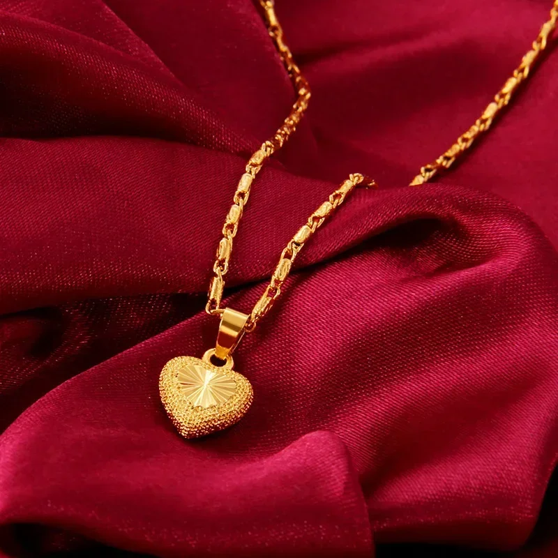 Pure 24k Gold Color Necklace Clavicle Chain for Women's Necklace Love Heart Pendant Yellow Gold Valentine's Day Fine Jewelry