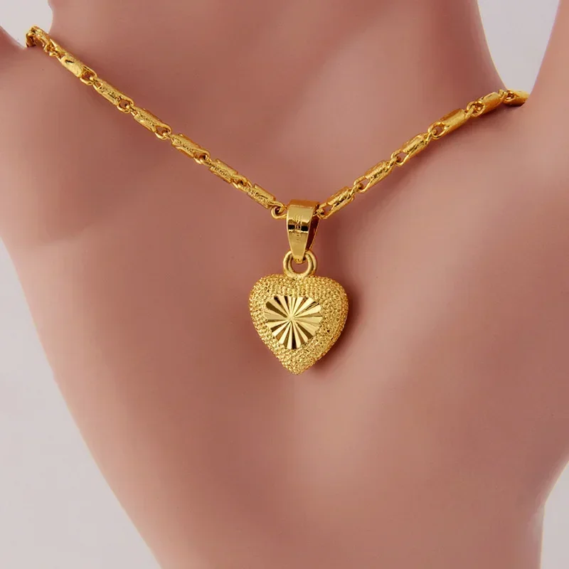 Pure 24k Gold Color Necklace Clavicle Chain for Women's Necklace Love Heart Pendant Yellow Gold Valentine's Day Fine Jewelry