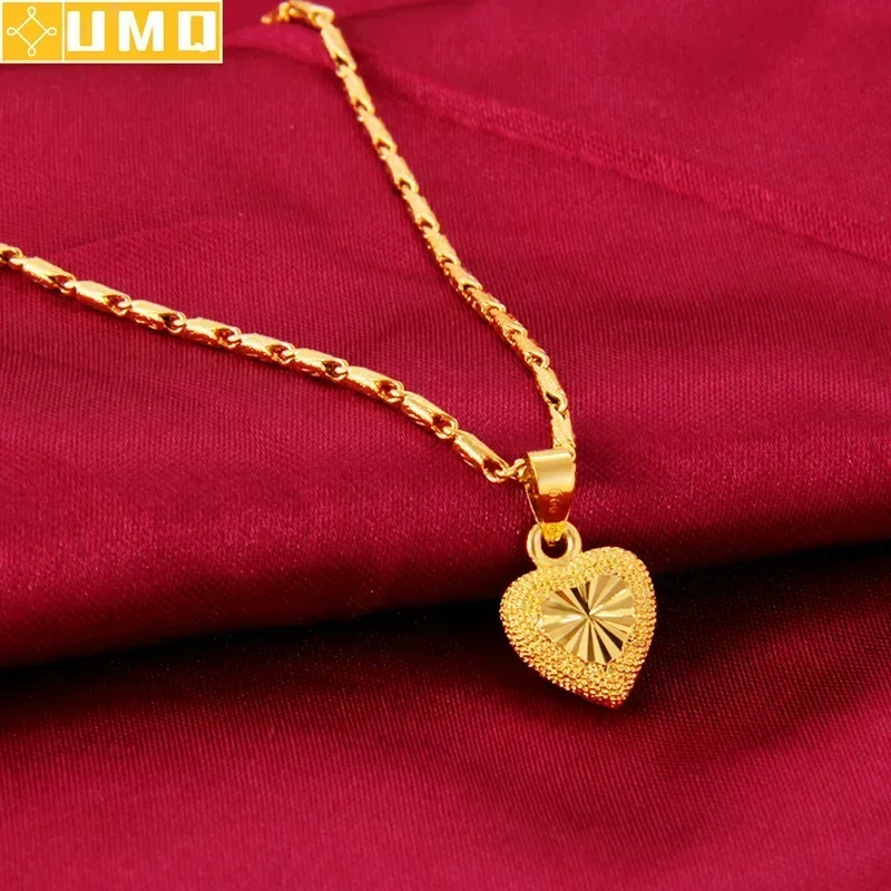 Pure 24k Gold Color Necklace Clavicle Chain for Women's Necklace Love Heart Pendant Yellow Gold Valentine's Day Fine Jewelry