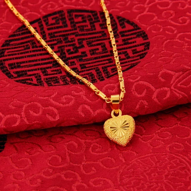 Pure 24k Gold Color Necklace Clavicle Chain for Women's Necklace Love Heart Pendant Yellow Gold Valentine's Day Fine Jewelry