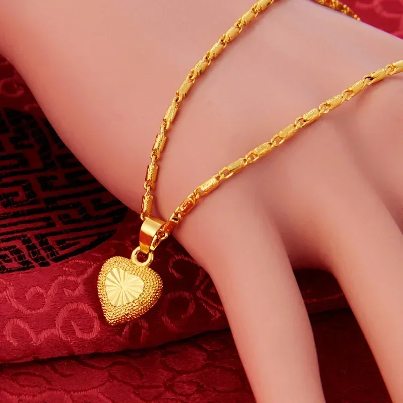 Pure 24k Gold Color Necklace Clavicle Chain for Women's Necklace Love Heart Pendant Yellow Gold Valentine's Day Fine Jewelry