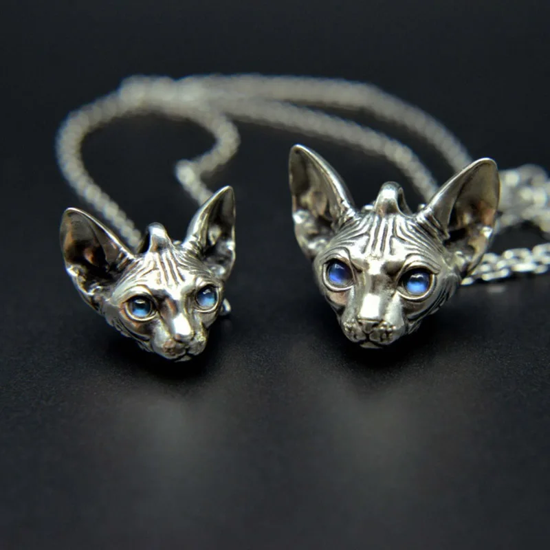 MengG Real S925 Sterling Silver Necklace Sphinx Cat Pendant Inlay Moon Stone Hairless Cat Original Design Jewelry Handmade Gift