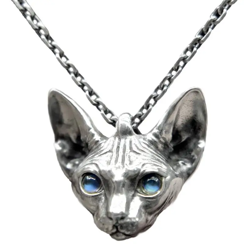 MengG Real S925 Sterling Silver Necklace Sphinx Cat Pendant Inlay Moon Stone Hairless Cat Original Design Jewelry Handmade Gift