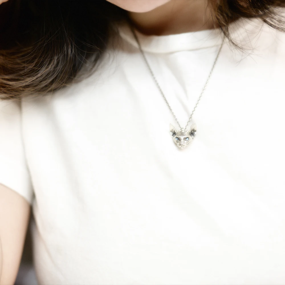 MengG Real S925 Sterling Silver Necklace Sphinx Cat Pendant Inlay Moon Stone Hairless Cat Original Design Jewelry Handmade Gift