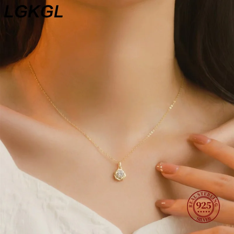 LGKGL Real 925 Sterling Silver 14k Gold Zircon Flower Pendant Choker Necklace For Women Cute Plant Fine Jewelry Accessories