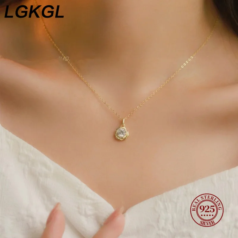 LGKGL Real 925 Sterling Silver 14k Gold Zircon Flower Pendant Choker Necklace For Women Cute Plant Fine Jewelry Accessories