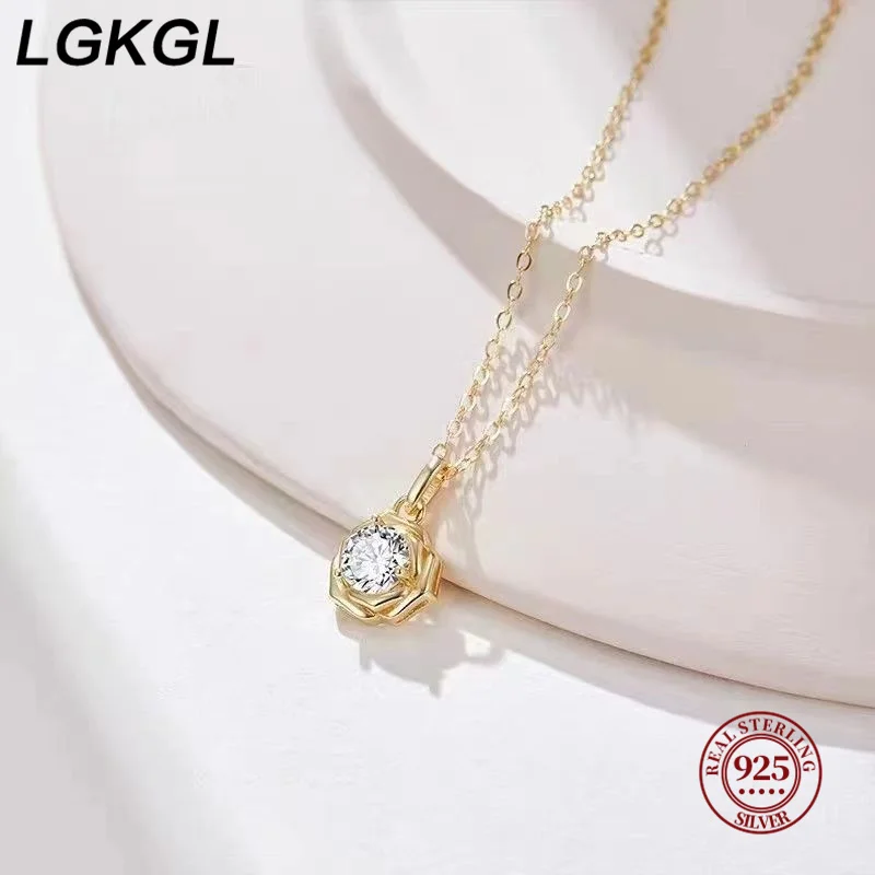 LGKGL Real 925 Sterling Silver 14k Gold Zircon Flower Pendant Choker Necklace For Women Cute Plant Fine Jewelry Accessories