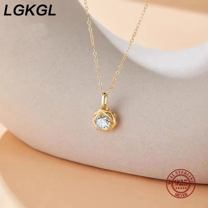 LGKGL Real 925 Sterling Silver 14k Gold Zircon Flower Pendant Choker Necklace For Women Cute Plant Fine Jewelry Accessories