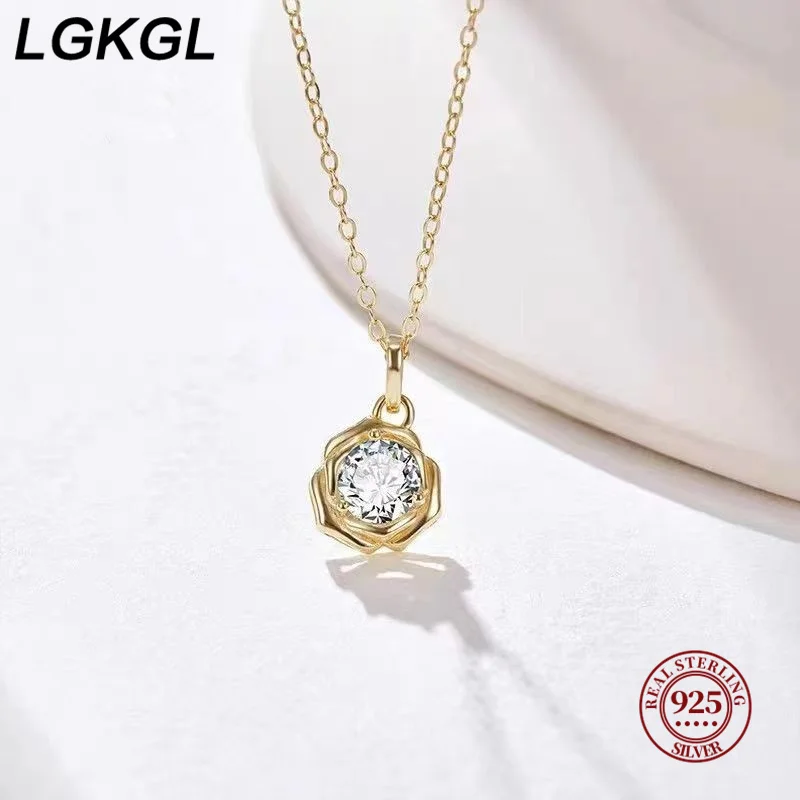 LGKGL Real 925 Sterling Silver 14k Gold Zircon Flower Pendant Choker Necklace For Women Cute Plant Fine Jewelry Accessories