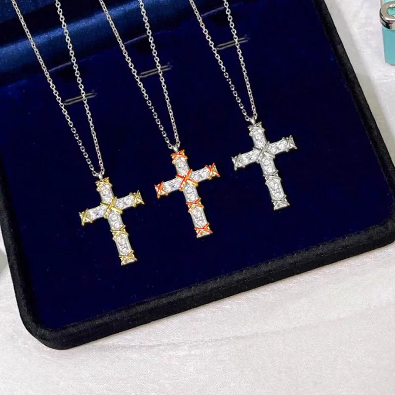 925 Sterling Silver Plated Gold X Cross Ten Stone Diamond Necklaces for Women Classic Luxury Fashion Brand Party Fine Jewelry