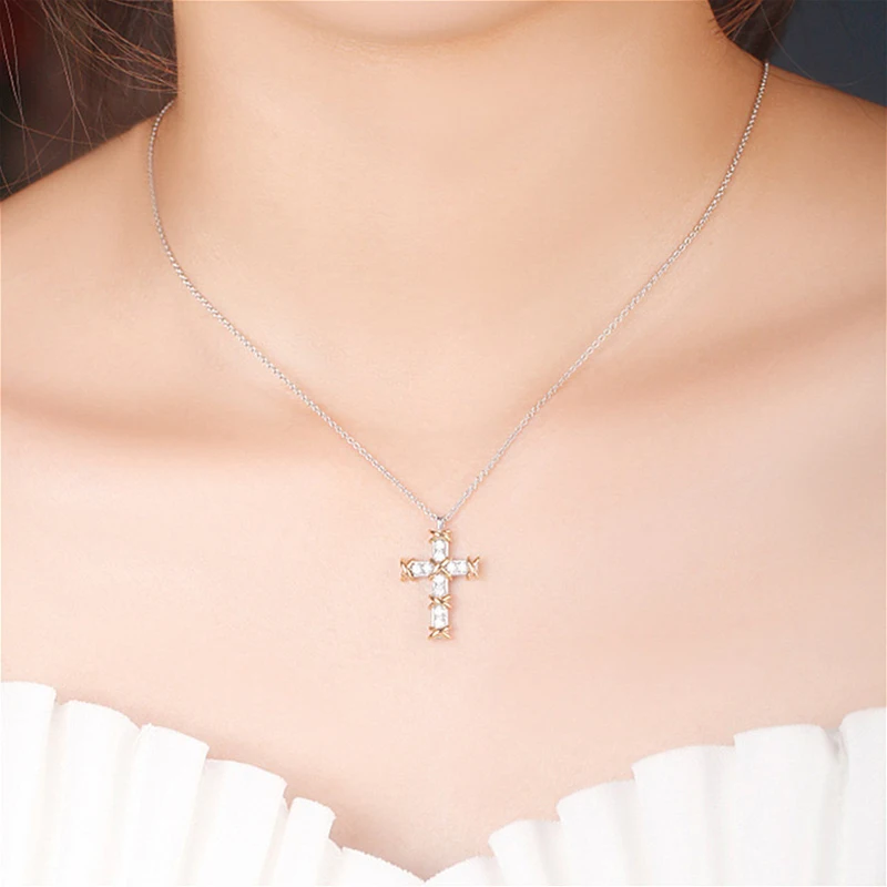 925 Sterling Silver Plated Gold X Cross Ten Stone Diamond Necklaces for Women Classic Luxury Fashion Brand Party Fine Jewelry